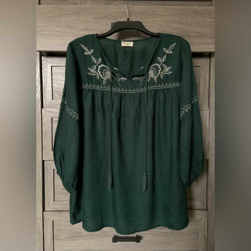 World Market Blouse | Forest Green | Silver Embroidery | Elastic Cuff Sleeves